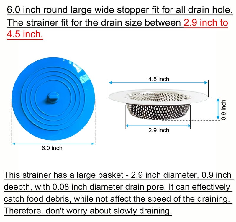 Seatery 4PCS Kitchen Sink Strainer Stopper Kit, Universal Silicone Sink Drain Plug Cover, Drain Water Stopper, 4.5 Inch Stainless Steel Sink Drain Strainer, Food Debris Catcher for Kitchen - Image 3